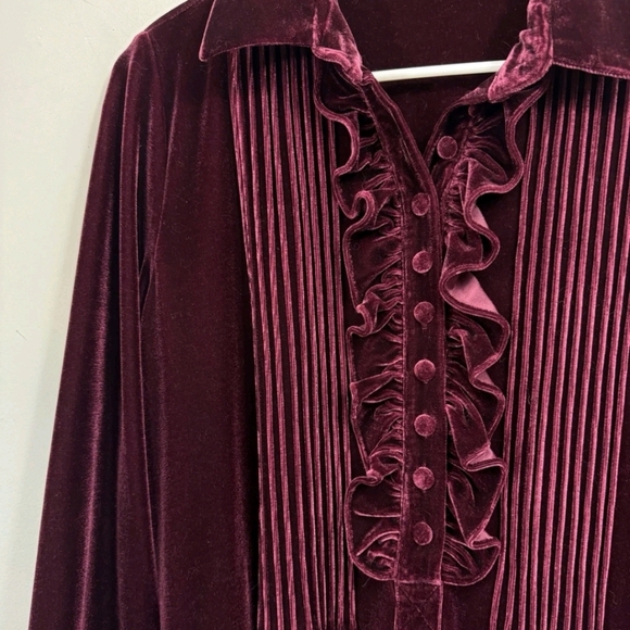 Soft Surroundings Women's Burgundy Velvet Ruffle Pintuck Silk Blend Top. Sz L - Picture 5 of 10